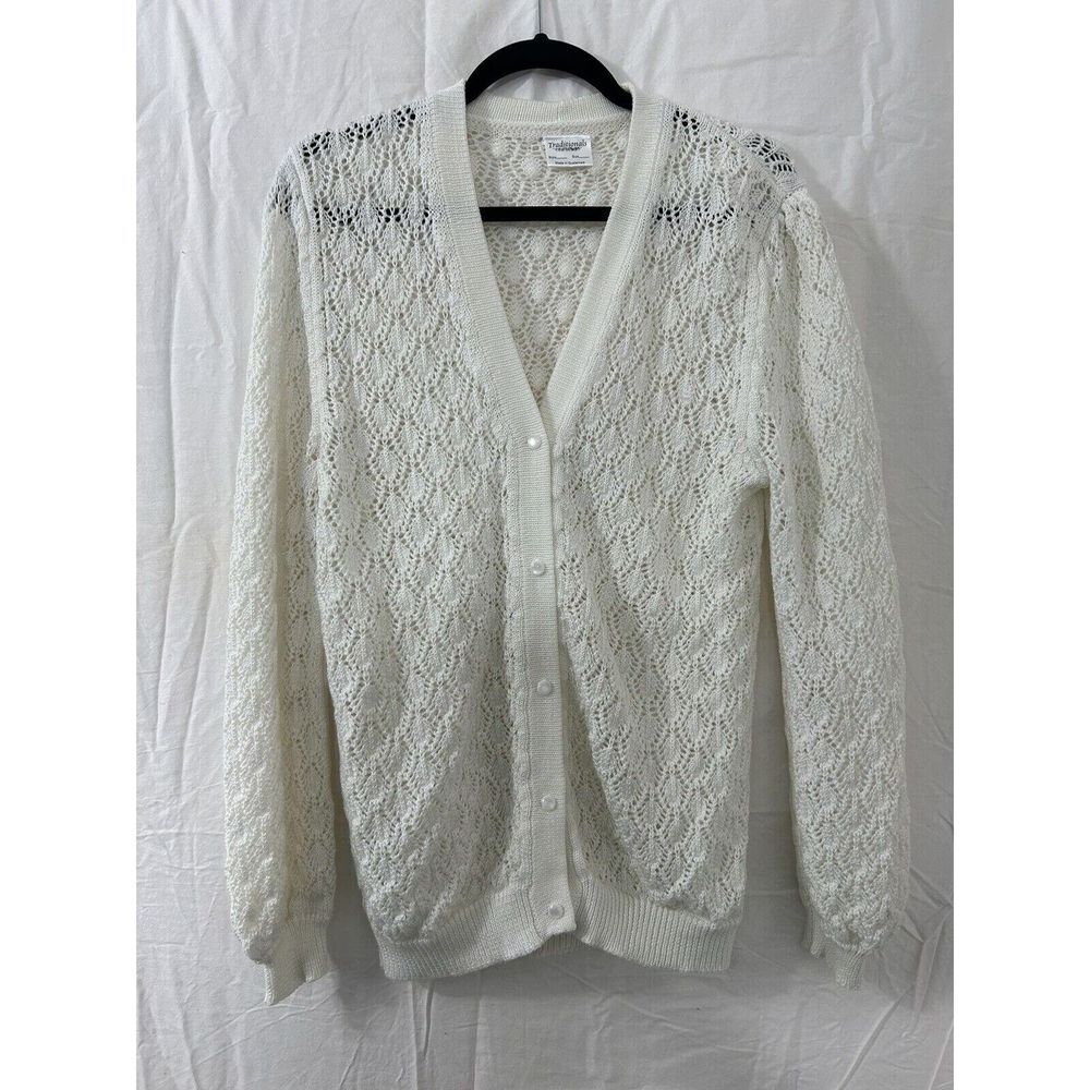 Women's Crochet Cardigan Sweater Medium Ivory Open Knit Button‎ Up Sheer Granny